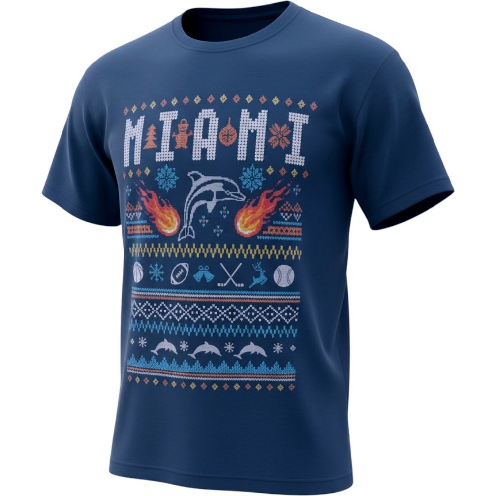 Fan Favorite Miami Dolphins NFL Holiday Christmas Tee Shirt Navy Mens XL NEW